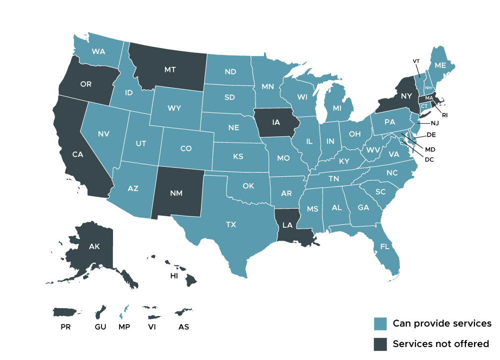 A map of the USA showing states and territories that Psypact members can practice in: Alabama, Arizona, Arkansas, Colorado, Connecticut, Delaware, District of Columbia, Florida, Georgia, Idaho, Illinois, Indiana, Kansas, Kentucky, Maine, Maryland, Michigan, Minnesota, Mississippi, Missouri, Nebraska, Nevada, New Hampshire, New Jersey, North Carolina, North Dakota, Northern Mariana Islands, Ohio, Oklahoma, Pennsylvania, Rhode Island, South Carolina, South Dakota, Tennessee, Texas, Utah, Vermont, Virginia, Washington, West Virginia, Wisconsin, and Wyoming